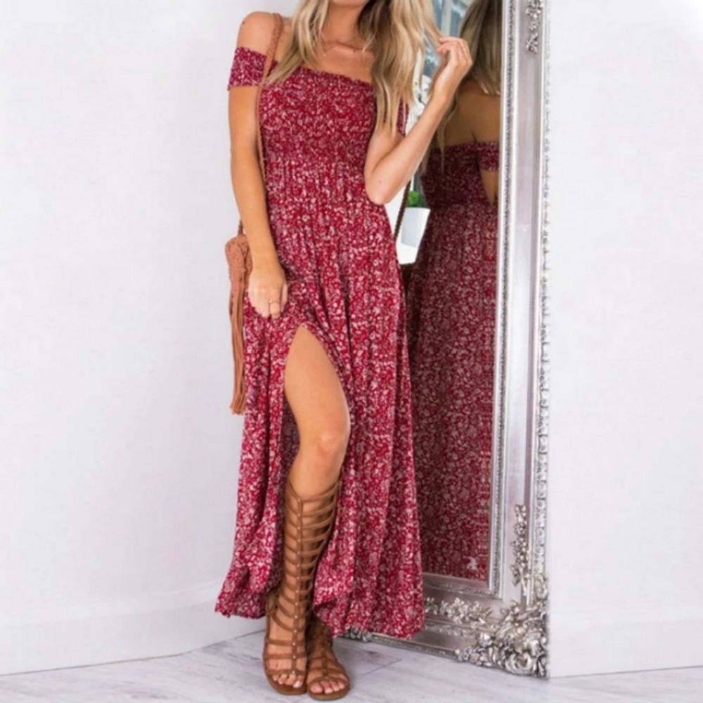 Smocked off shoulder floral prairie maxi dress